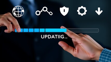 Hands interacting with digital progress bar and icons image