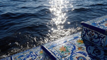 Blue and White Tiled Steps by Sparkling Water