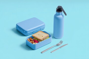 Balanced lunch with sandwich, boiled egg, nuts, and radish in blue lunchbox, paired with reusable water bottle and stainless steel cutlery on bright blue background promoting healthy eating