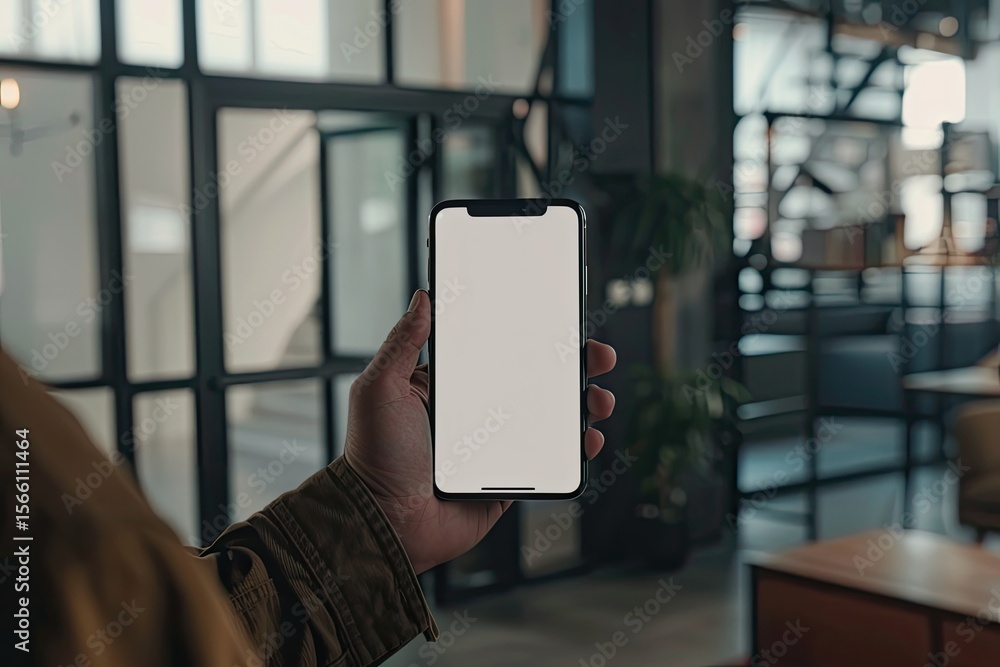 Poster sharp image of crop man with smartphone in office