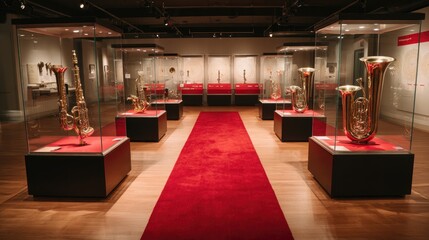 Brass Instrument Exhibit in Museum with Red Carpet