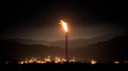 Bright Gas Flare at Night Near Mountains