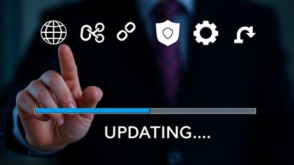 Human finger touching screen with progress bar and icons image