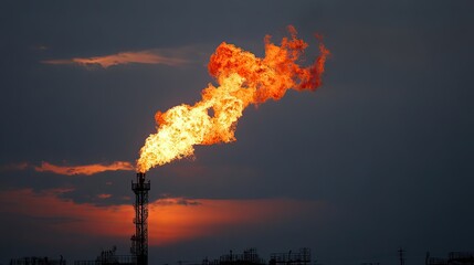 Bright Gas Flare Burning at Sunset