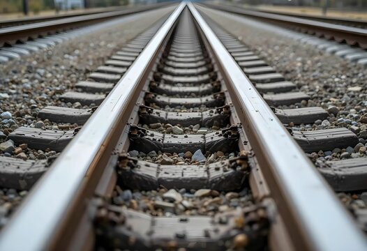 train tracks viewed from a low angle, emphasizing the rough gravel texture and metal rails stretching into distance