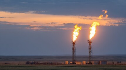 Bright Gas Flares at Sunset Over a Rural Landscape