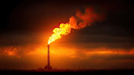 Bright Orange Gas Flare at an Oil Refinery at Sunset