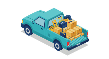 Isometric moving day vector illustration: truck with boxes for logistics design