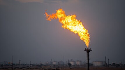 Bright Orange Gas Flare Burning at Industrial Refinery at Night