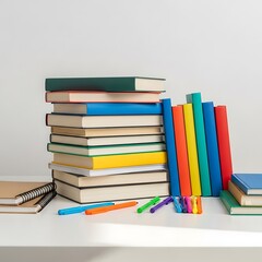 Fototapeta premium A stack of colorful books, notebooks, pens, and markers arranged on a white surface against a plain background.