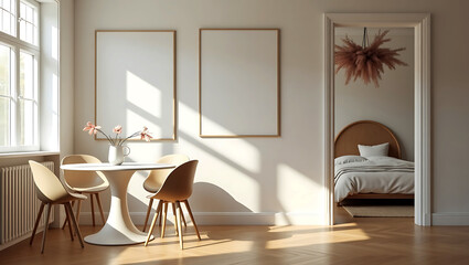 Bright and airy modern living room with dining area and glimpse into a serene bedroom with warm natural light