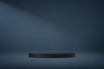 Dark blue studio room background. Blue background vector 3d with black podium. Empty room with light effect. Space for selling products on the website. Business backdrop. Vector illustration.