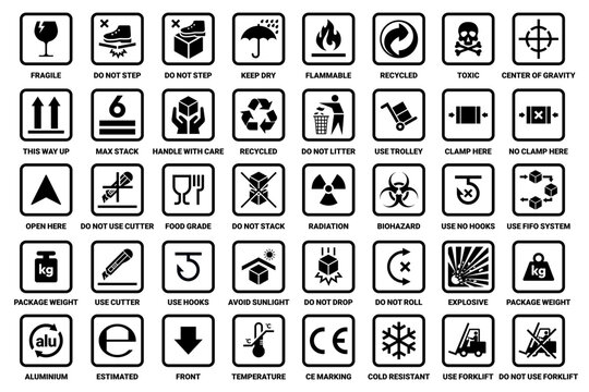 Cardboard packaging icon set vector. Fragile, handle with care, keep dry, do not use forklift, food grade, do not step, stack, roll, ce making, this way up sign icons. Hazard signs. Package sign.