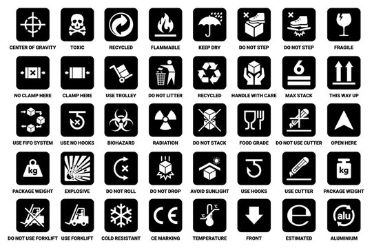 Cardboard packaging icon set vector. Fragile, handle with care, keep dry, do not use forklift, food grade, do not step, stack, roll, ce making, this way up sign icons. Hazard signs. Package sign.
