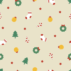 Christmas colors with Christmas elements. Christma icon with candy cane, sock, star, mistletoe and ball for gift wrap, stationery, card and fabric.
