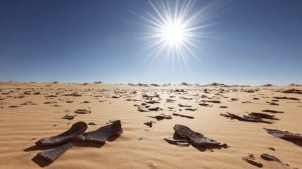 Bright Sun Over a Expansive Desert Landscape with Scattered Rocks