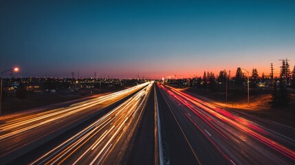 Empty highway with vibrant light trails under a warm dusk sky, capturing the essence of motion and solitude.
