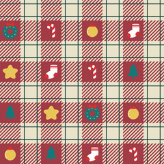 Tartan checked plaids Christmas colors with Christmas elements. Christma icon with candy cane, sock, star, mistletoe on checked for gift wrap, stationary, card and fabric.