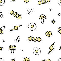 Yellow outline food, dessert and weather icon. Vector of fried egg, cookies, lightning, mushroom and candy for wallpaper, clothing, wrapping, fabric, stationary, and phone cases.