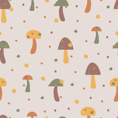 Seamless pattern with hand-drawn cartoon edible mushroom in fall or autumn seasonal food element. Mushroom vector for background, wallpaper, clothing, wrapping, fabric, stationary, and phone cases.