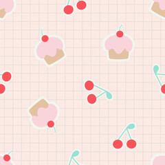 Cute red cherry and cupcake on the tartan seamless pattern. Doodle fruit and dessert on checked vector for wallpaper, textile, fashion, background, stationery, wrapping, card, and phone cases.