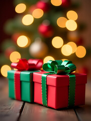 Obraz premium gifts red green adorn blurred backdrop swirling golden hues softly glowing
