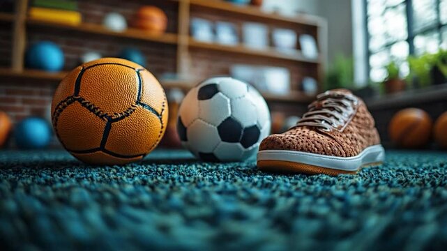 Sports equipment on carpet floor
