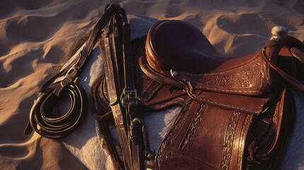 Brown Leather Western Saddle on Sandy Beach at Sunset