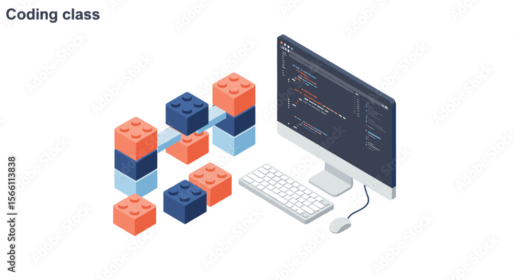 Poster isometric vector illustration of coding education with computer and blocks for stem learning and tec
