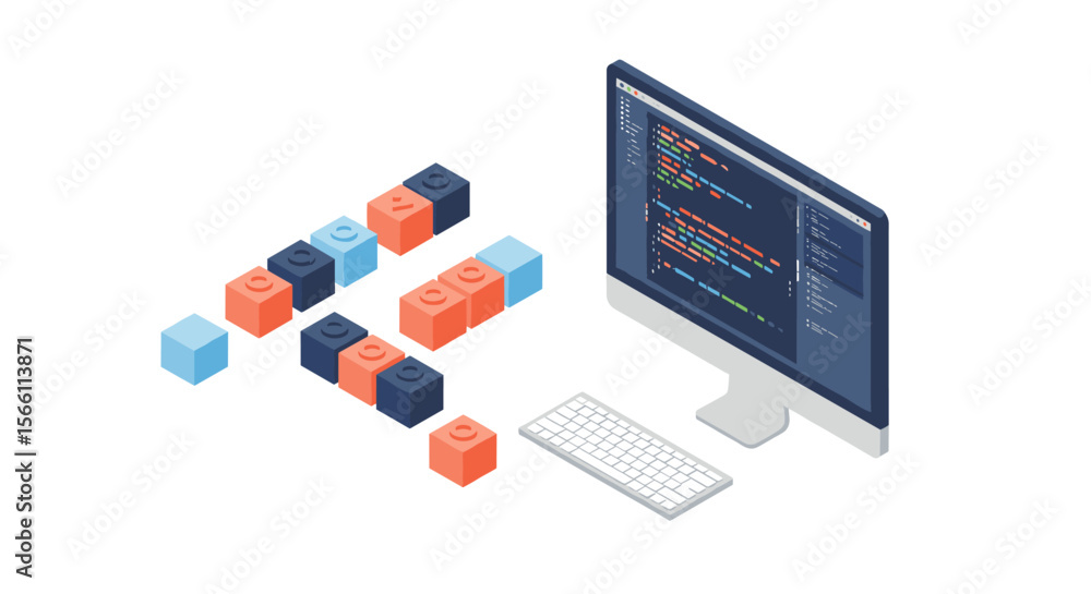 Poster programming and coding: isometric vector illustration for tech education and design