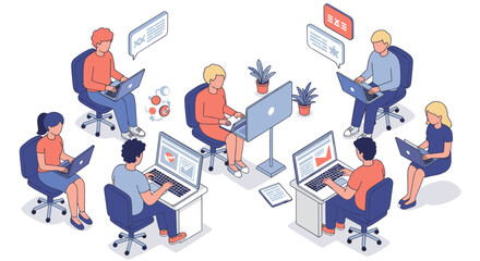 Collaborative office environment vector illustration for modern workspace design in flat isometric style