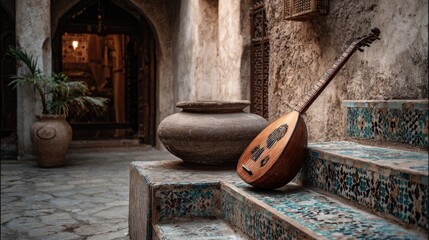 Brown Oud Resting on Stone Steps in a Courtyard