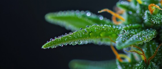 Cannabis Leaf Macro with Dew Drops Highlighting Trichomes in Dark Setting