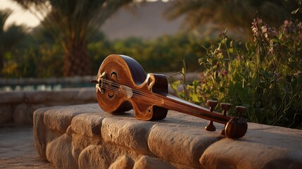 Brown Sitar Resting on Stone Wall in Garden at Sunset