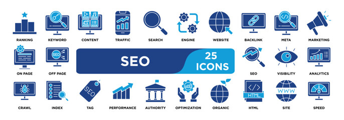 SEO icon collection set. Containing ranking,keyword,content,traffic,search,engine,website,backlink,meta,marketing icon. dual tone vector.	