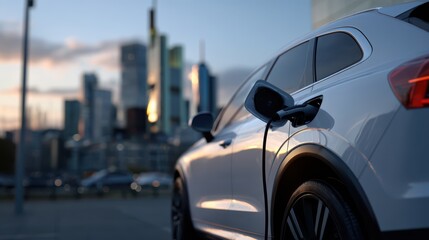 Modern electric vehicle charging at a public station in an urban environment at sunset, with a city skyline in the background, symbolizing sustainable transportation and eco-friendly urban mobility.