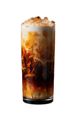 Iced coffee drink with milk swirls isolated on transparent background