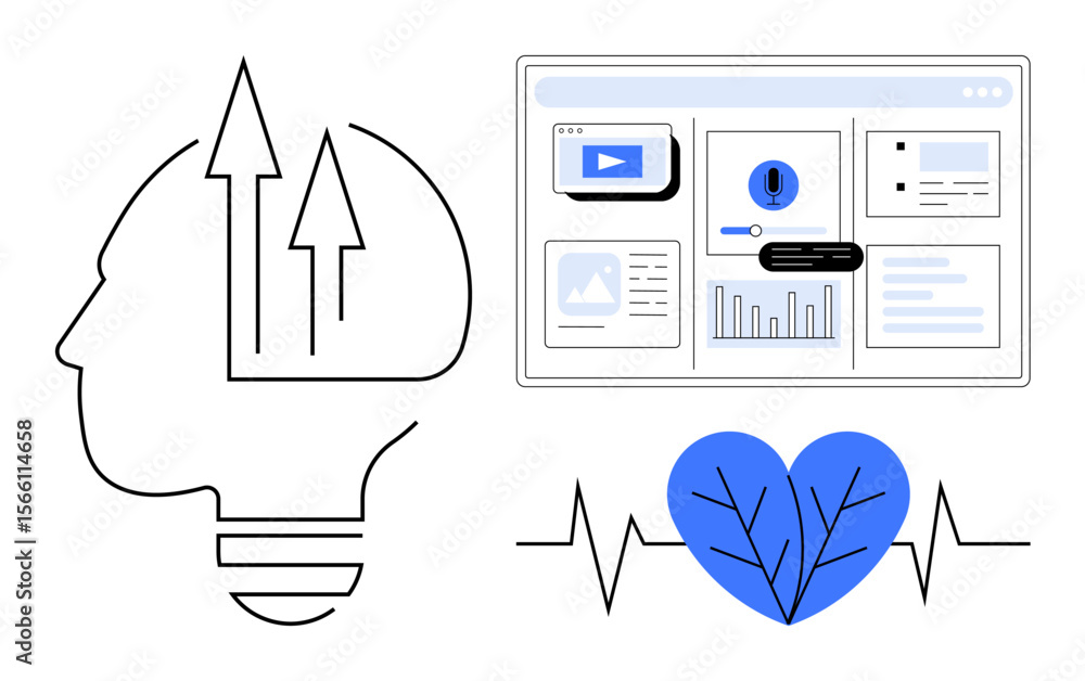 Poster light bulb human profile with arrows representing growth and ideas, data dashboard analyzing insight