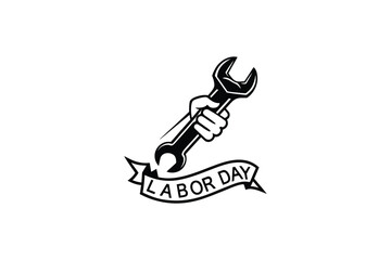 Labor Day Wrench in Hand with Ribbon Banner Silhouette