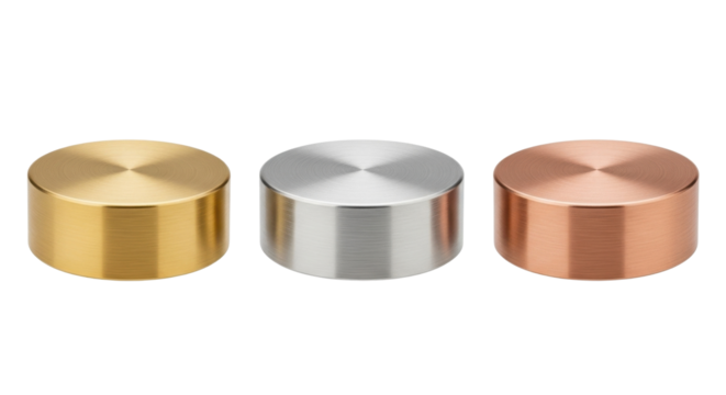Metal knobs in gold, silver, and copper isolated PNG with Transparent Background