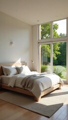Serene Gray Master Bedroom Retreat Luxurious King Bed, Abundant Natural Light, Minimalist Design Perfect for Relaxation and Peaceful Sleep