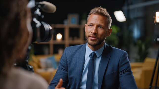 Professional businessman in a blue suit being interviewed on camera in a well-lit studio setting, discussing corporate topics or sharing expert insights in a modern media production environment