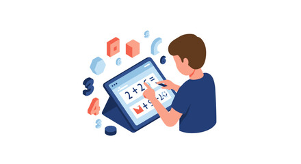 Child learning math with tablet vector illustration for educational design and poster in isometric style