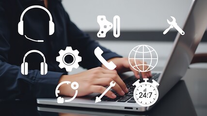 Person typing on laptop with service icons computer technology