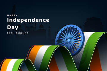 india independence day tricolor wavy abstract ribbon with ashoka chakra on blue background