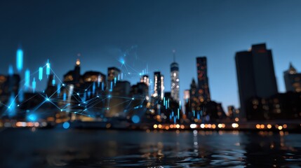 Modern city skyline at dusk reflected on water with digital financial graphs and data network overlays, symbolizing global finance, smart technology, and urban innovation in a connected economy
