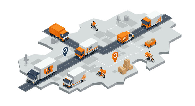 Isometric city logistics vector illustration for delivery solutions and urban planning
