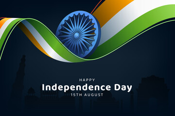 india independence day tricolor wavy abstract ribbon with ashoka chakra on blue background