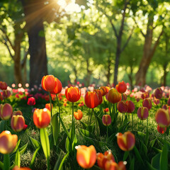 Vibrant Tulip Field and Colorful Spring Garden in Full Bloom on a Sunny Day