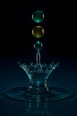 Liquid drops colliding in a splash, showcasing the beauty and power of water with vibrant color and reflection.